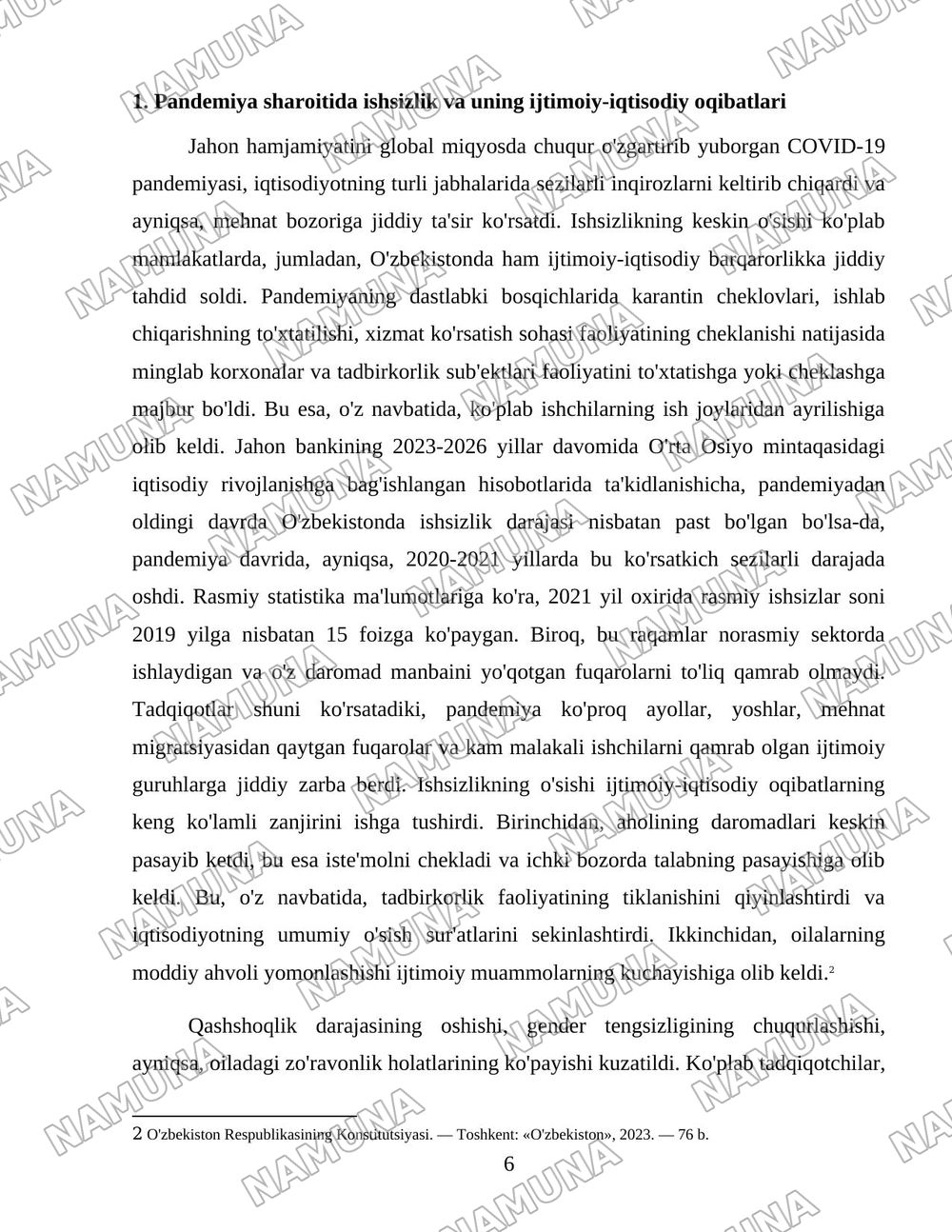 Pandemiya davrida O’zbekiston ishsizlarni ijtimoiy himoya qilish bo’yicha davlatning chora tadbirlari — 6-varaq