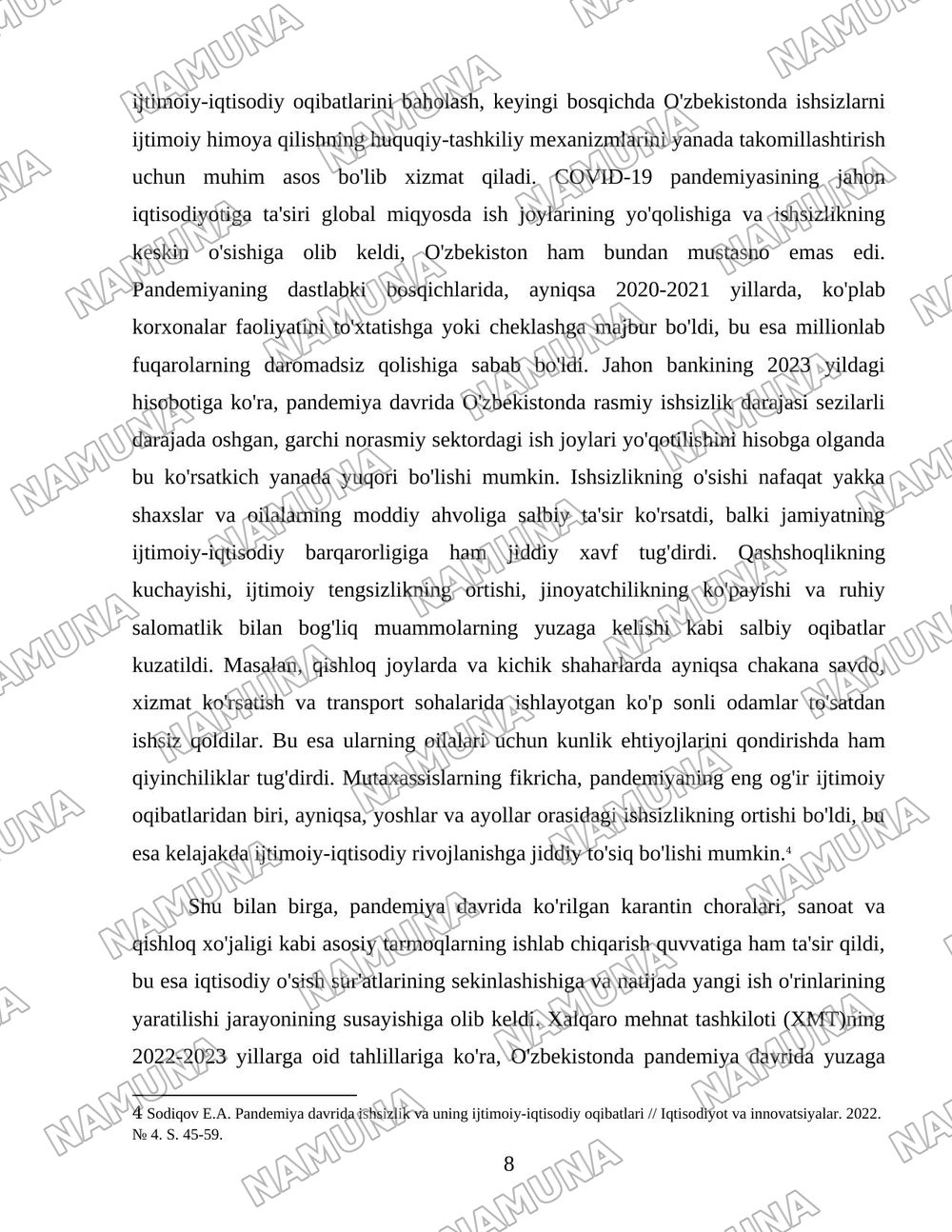 Pandemiya davrida O’zbekiston ishsizlarni ijtimoiy himoya qilish bo’yicha davlatning chora tadbirlari — 8-varaq