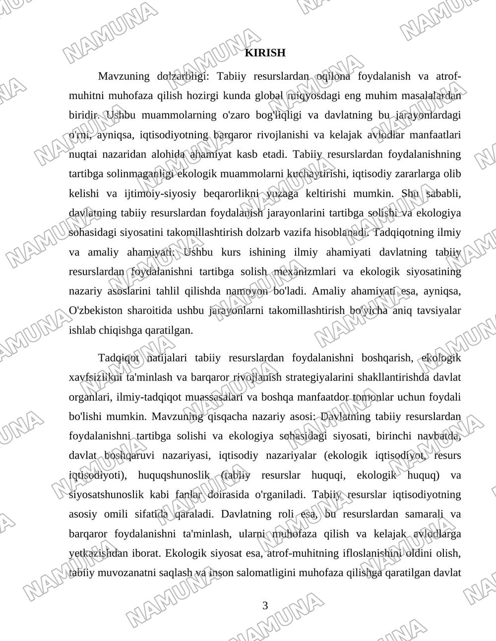 Davlatning tabiiy resurslardan foydalanish jarayonlarini tartibga solishi va ekologiya sohasidagi siyosati. — 3-varaq