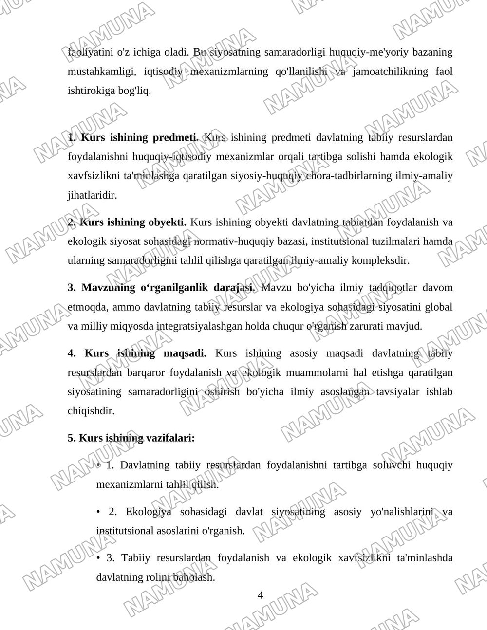 Davlatning tabiiy resurslardan foydalanish jarayonlarini tartibga solishi va ekologiya sohasidagi siyosati. — 4-varaq
