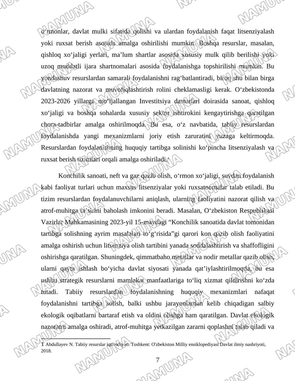 Davlatning tabiiy resurslardan foydalanish jarayonlarini tartibga solishi va ekologiya sohasidagi siyosati. — 7-varaq