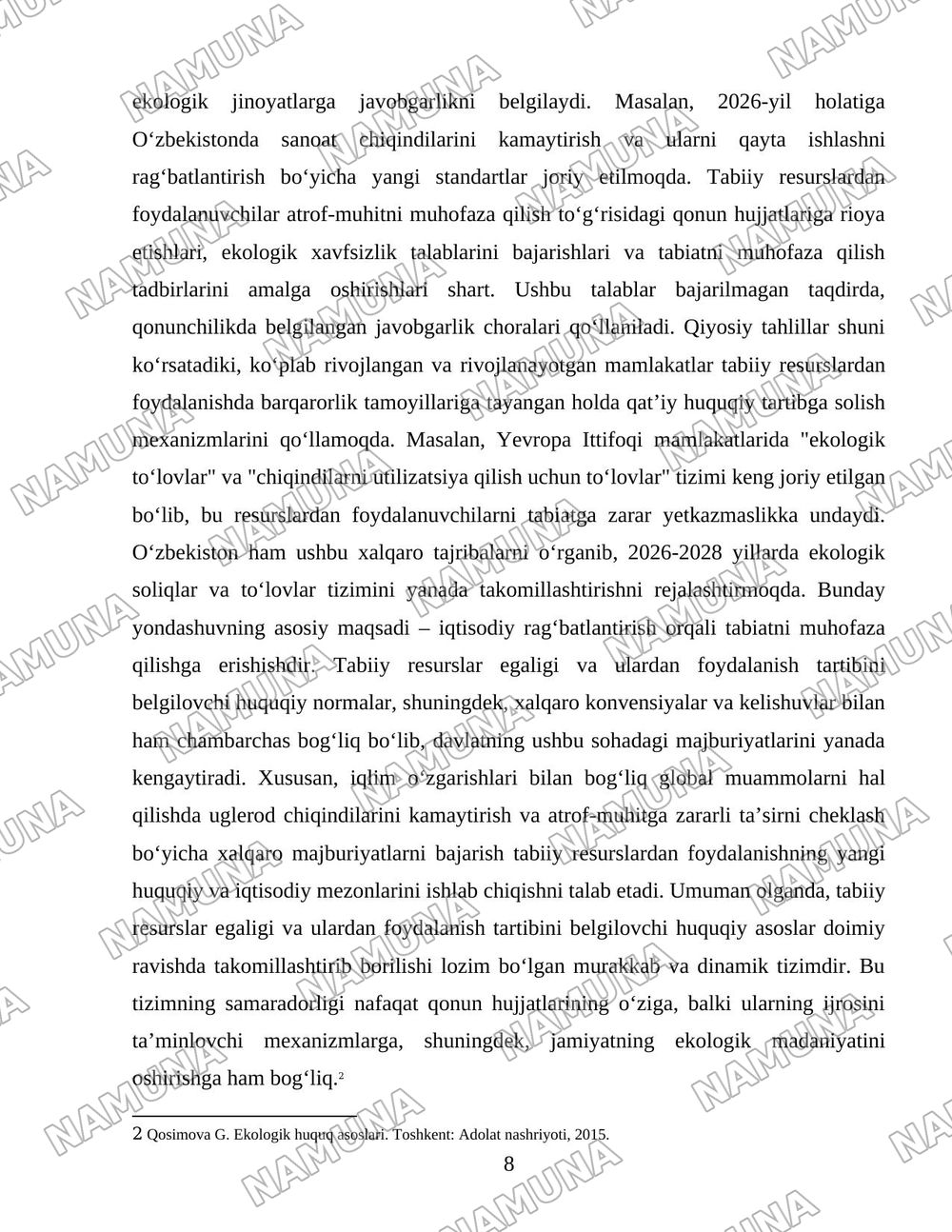 Davlatning tabiiy resurslardan foydalanish jarayonlarini tartibga solishi va ekologiya sohasidagi siyosati. — 8-varaq