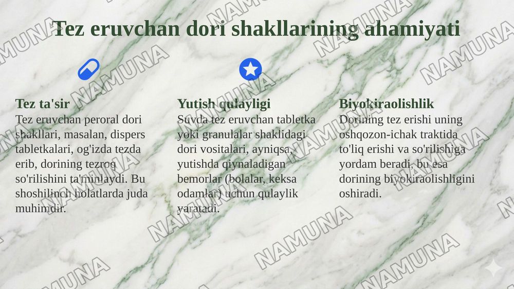 Modifikatsiyalangan peroral dori turlari.Tez eruvchan(parchalanuvchan)peroral dori turlari — 7-slayd