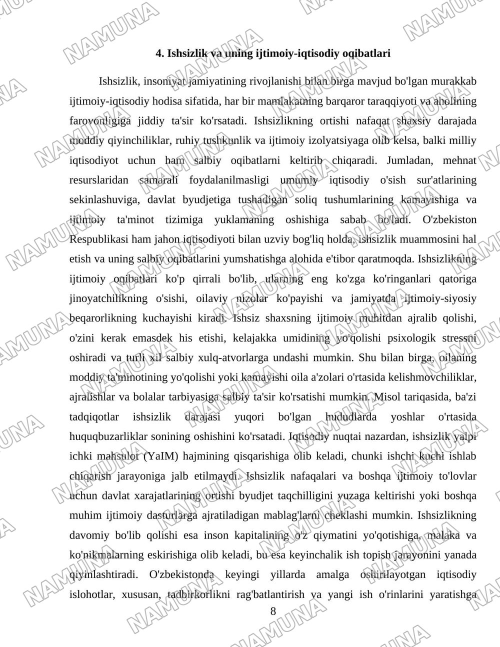 Oʻzbekiston respublikasida aholining ish bilan bandligini taminlash va ijtimoiy himoyalash muammolari — 8-varaq