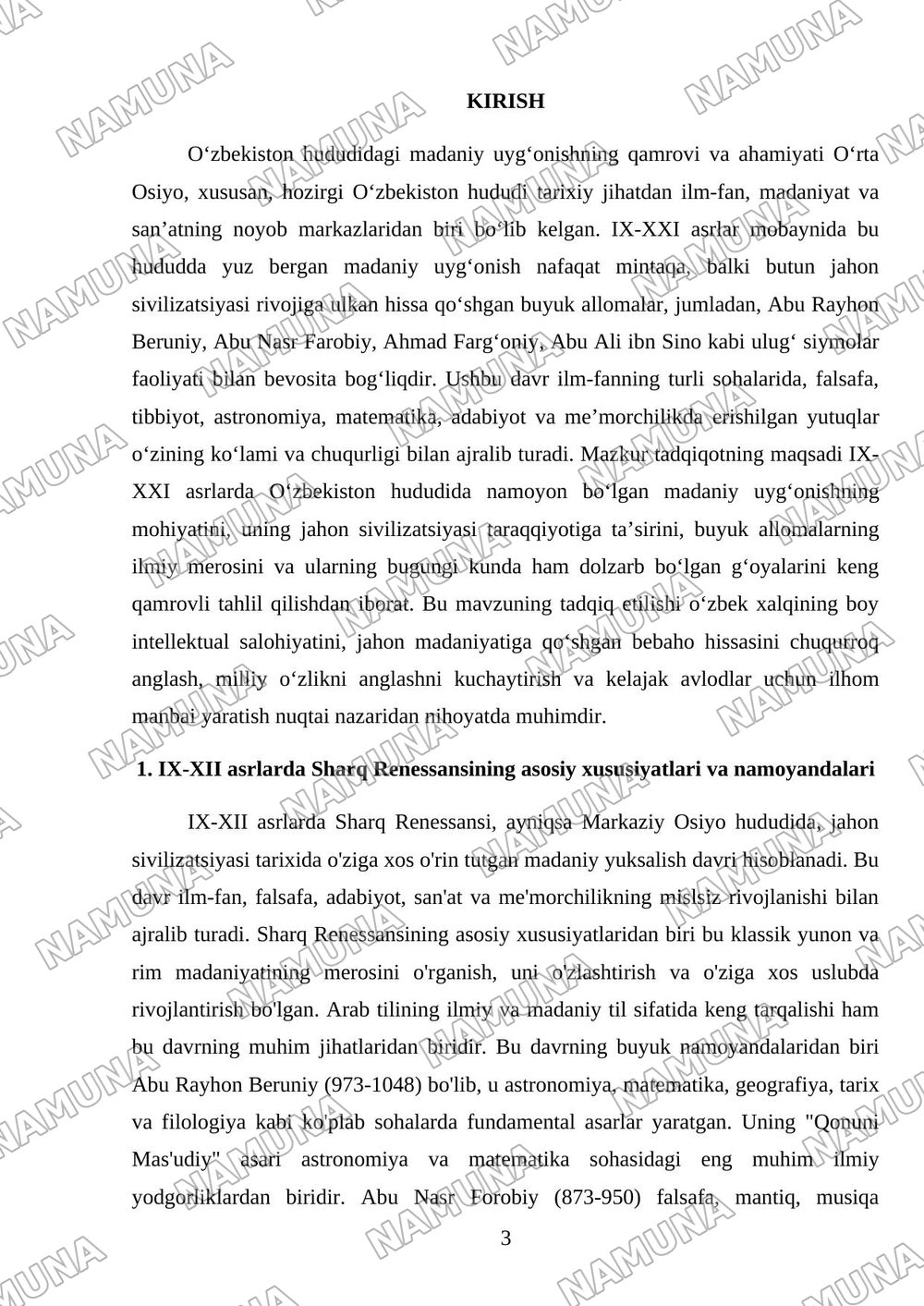 IX—XXI asrlarda mamlakatimiz hududida ro‘y bergan madaniy uyg‘onish (Renessans). Buyuk allomalarning jahon sivilizatsiyasiga qo‘shgan hissasi (Beruniy. Farobiy. Farg‘oniy. Ibn Sino va boshqalar) bo‘y — 3-varaq