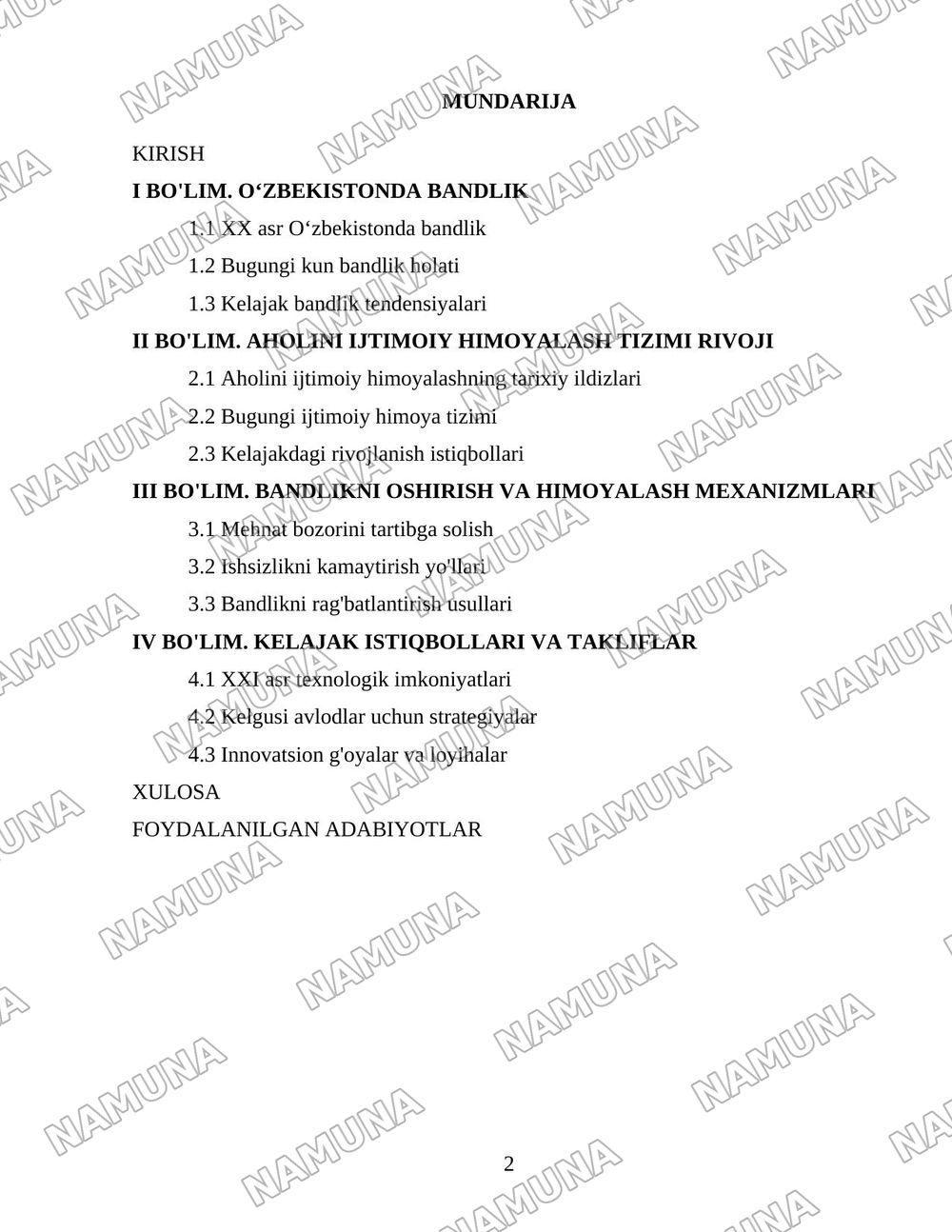 Oʻzbekiston respublikasida aholining ish bilan bandligini taminlash va ijtimoiy himoyalash muammolari — 2-varaq
