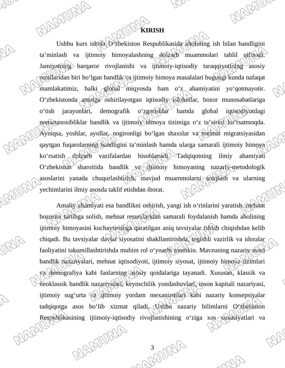 Oʻzbekiston respublikasida aholining ish bilan bandligini taminlash va ijtimoiy himoyalash muammolari — 3-varaq