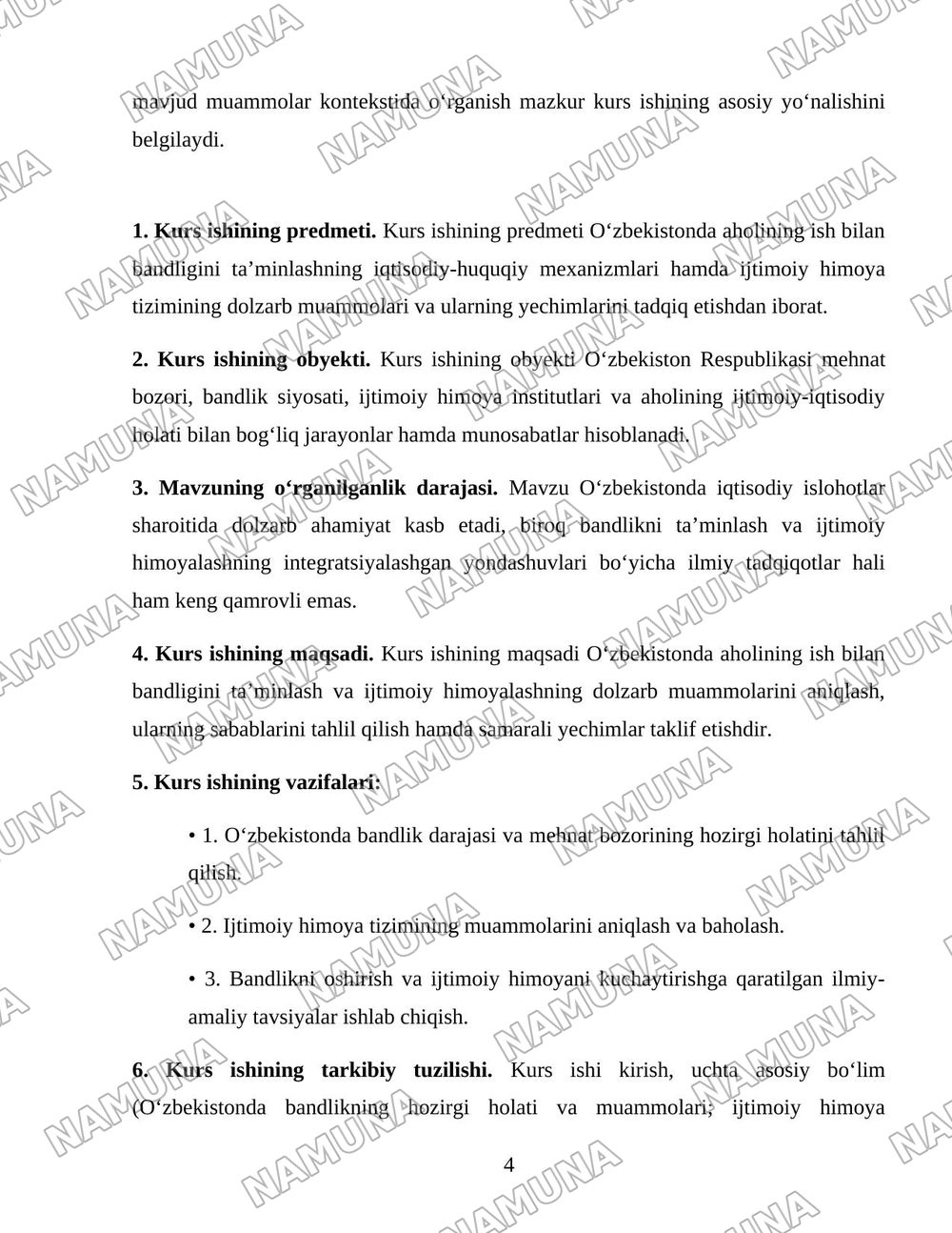 Oʻzbekiston respublikasida aholining ish bilan bandligini taminlash va ijtimoiy himoyalash muammolari — 4-varaq