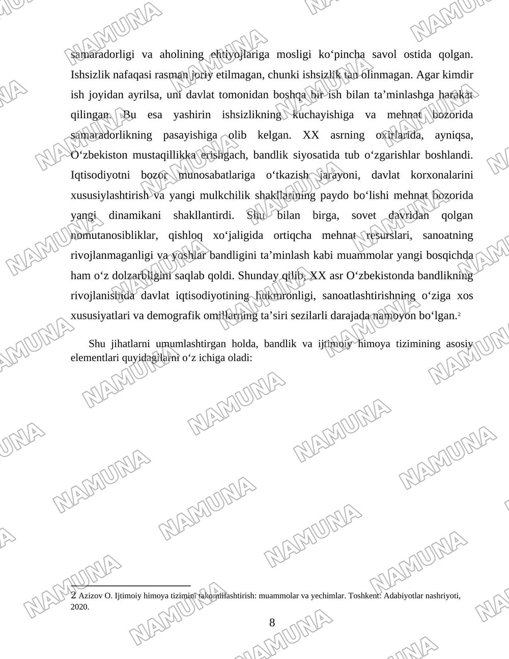 Oʻzbekiston respublikasida aholining ish bilan bandligini taminlash va ijtimoiy himoyalash muammolari — 8-varaq