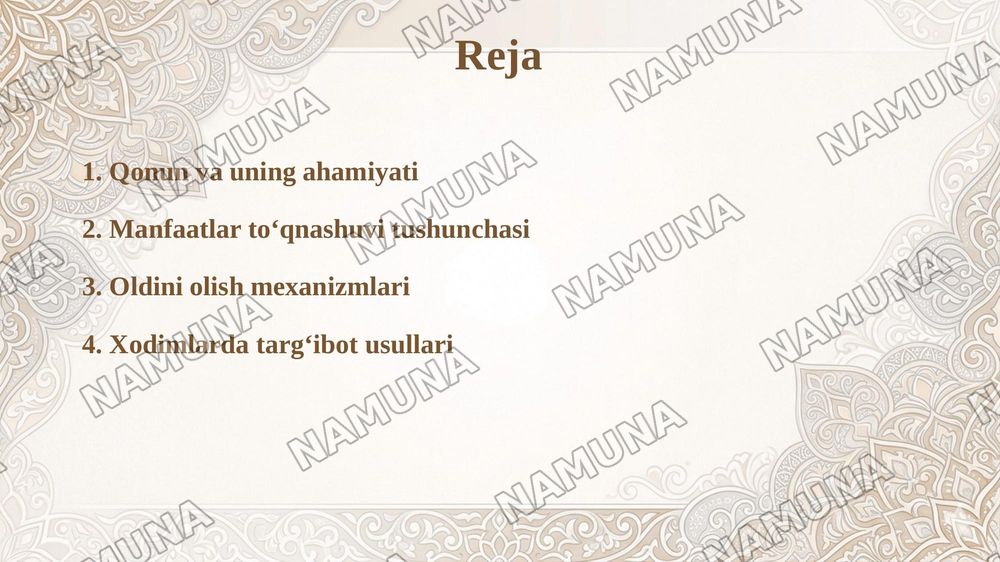 Korrupsiya qarshi kurash va Oʻzbekiston Respublikasining 05.06.2024-yildagi OʻRQ-931 sonli “Manfaatlar toʻqnashuvi” toʻgʻrisidagi qonuniga asosan manfaatlar toʻqnashuvini oldini olishga qaratilgan qonunchilikdagi oʻzgarishlarni ishchi-xodimlar orasida keng targʻib qilish toʻgʻrisida. — 2-slayd