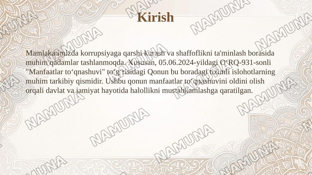 Korrupsiya qarshi kurash va Oʻzbekiston Respublikasining 05.06.2024-yildagi OʻRQ-931 sonli “Manfaatlar toʻqnashuvi” toʻgʻrisidagi qonuniga asosan manfaatlar toʻqnashuvini oldini olishga qaratilgan qonunchilikdagi oʻzgarishlarni ishchi-xodimlar orasida keng targʻib qilish toʻgʻrisida. — 3-slayd