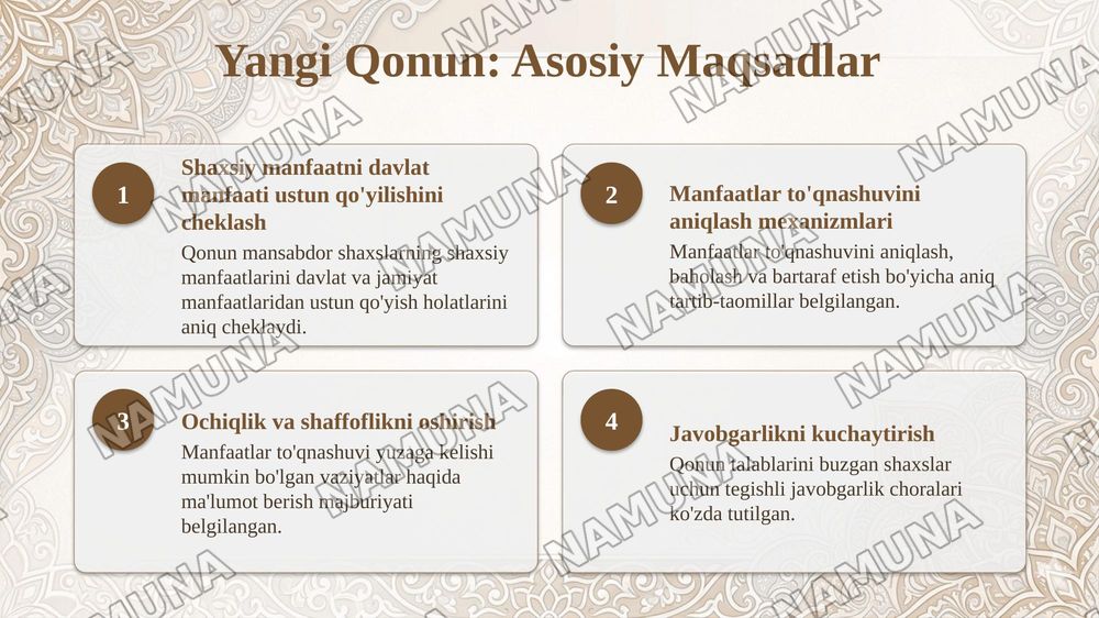 Korrupsiya qarshi kurash va Oʻzbekiston Respublikasining 05.06.2024-yildagi OʻRQ-931 sonli “Manfaatlar toʻqnashuvi” toʻgʻrisidagi qonuniga asosan manfaatlar toʻqnashuvini oldini olishga qaratilgan qonunchilikdagi oʻzgarishlarni ishchi-xodimlar orasida keng targʻib qilish toʻgʻrisida. — 4-slayd