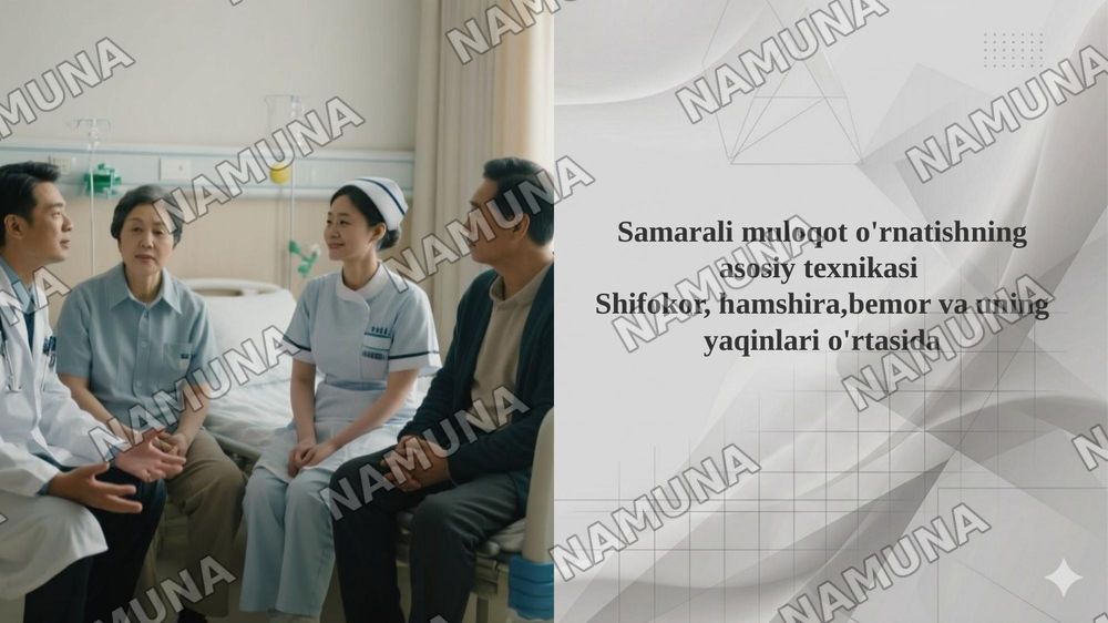 Samarali muloqot o'rnatishning asosiy texnikasi
Shifokor, hamshira,bemor va uning yaqinlari o'rtasida — 1-slayd
