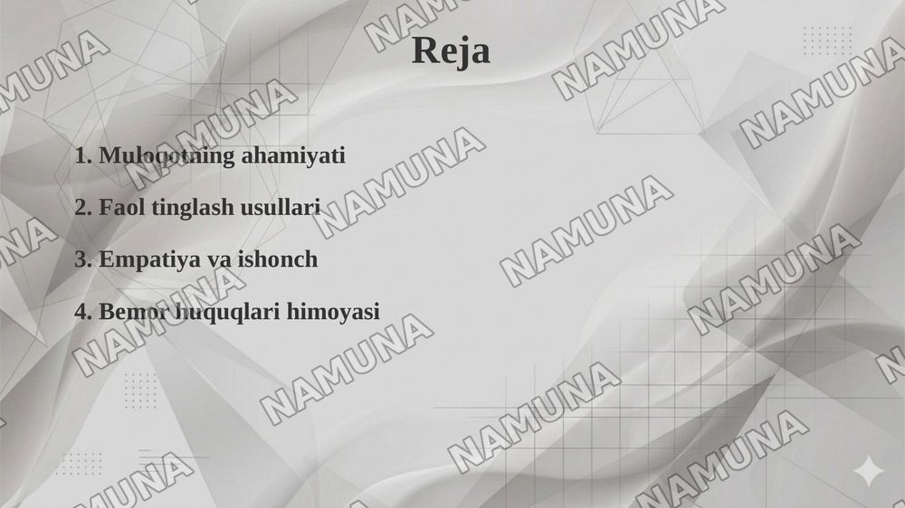 Samarali muloqot o'rnatishning asosiy texnikasi
Shifokor, hamshira,bemor va uning yaqinlari o'rtasida — 2-slayd