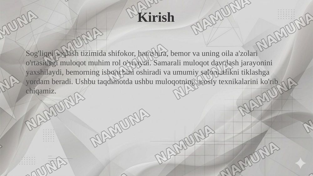 Samarali muloqot o'rnatishning asosiy texnikasi
Shifokor, hamshira,bemor va uning yaqinlari o'rtasida — 3-slayd