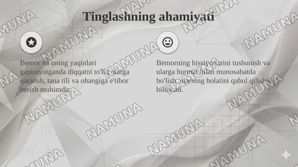 Samarali muloqot o'rnatishning asosiy texnikasi
Shifokor, hamshira,bemor va uning yaqinlari o'rtasida — 4-slayd