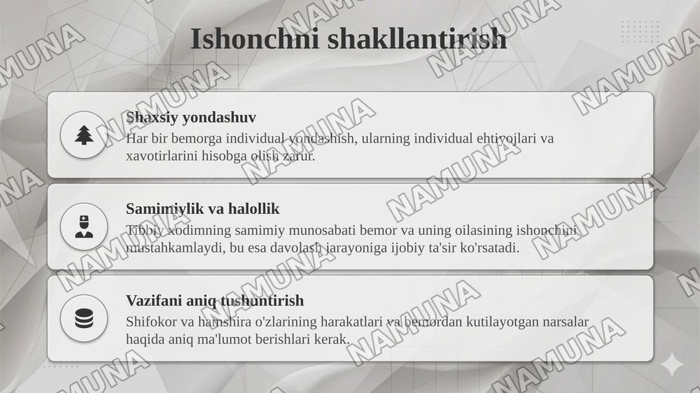 Samarali muloqot o'rnatishning asosiy texnikasi
Shifokor, hamshira,bemor va uning yaqinlari o'rtasida — 6-slayd