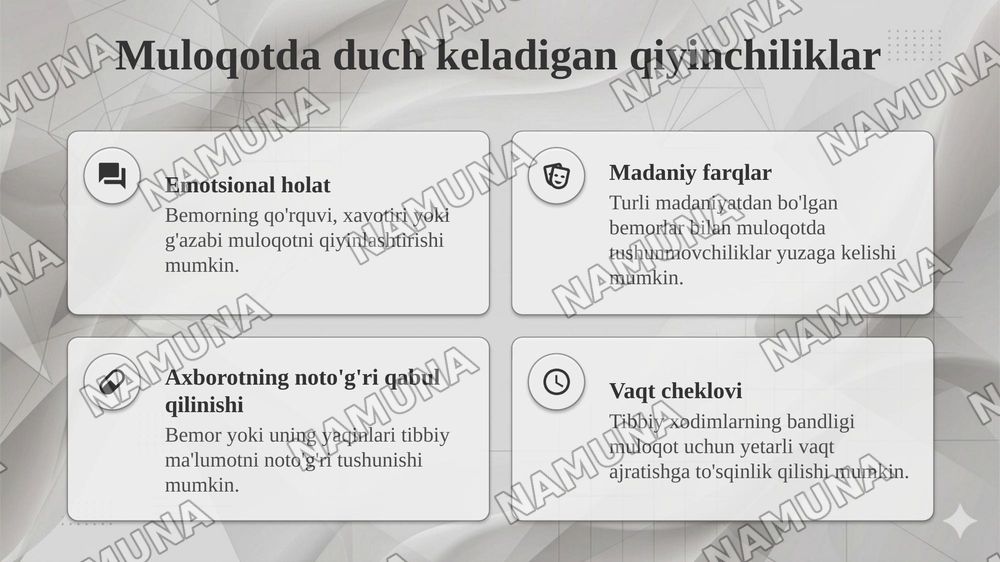 Samarali muloqot o'rnatishning asosiy texnikasi
Shifokor, hamshira,bemor va uning yaqinlari o'rtasida — 7-slayd