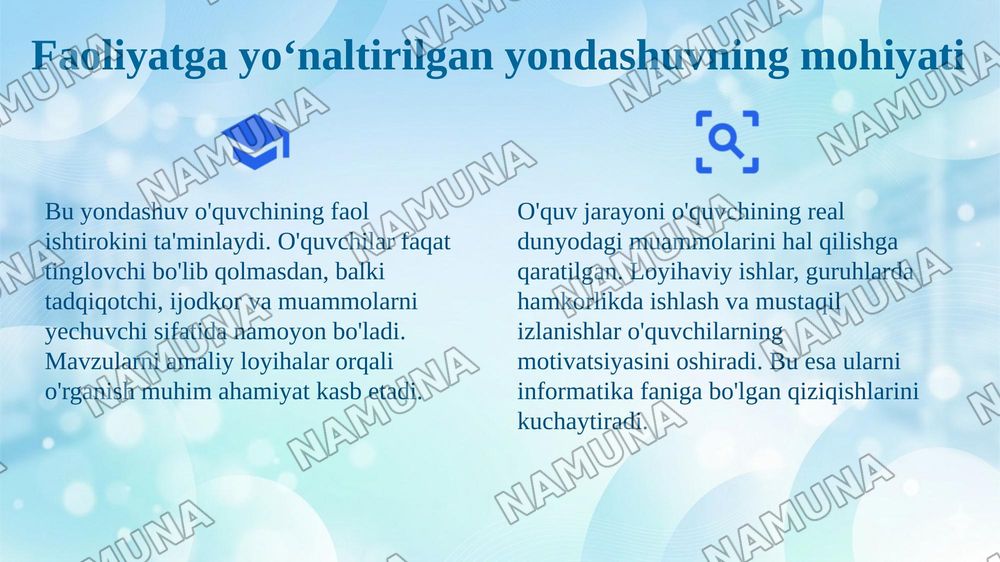 Faoliyatga yo‘naltirilgan yondashuv asosida informatika o‘qitish — 4-slayd