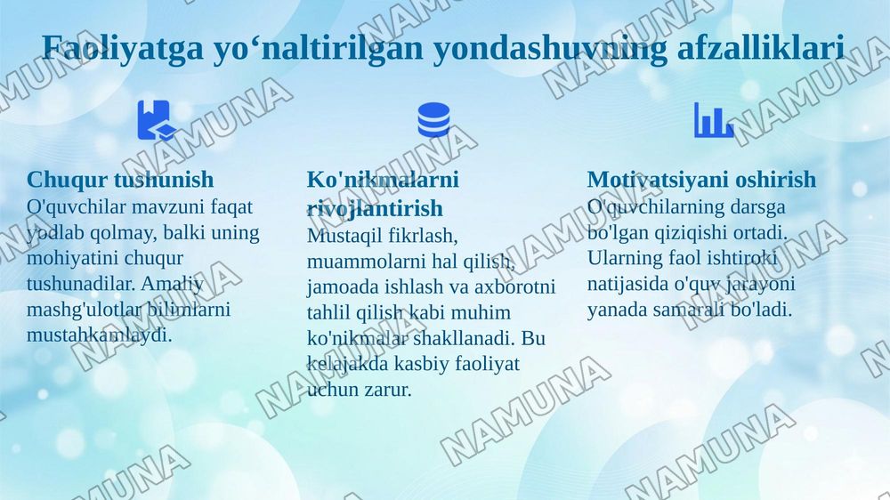 Faoliyatga yo‘naltirilgan yondashuv asosida informatika o‘qitish — 6-slayd