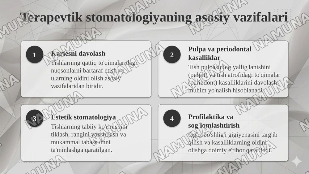 Terapevtik stomatologiya vazifalari, uning tibbiy ta’limdagi orni — 4-slayd