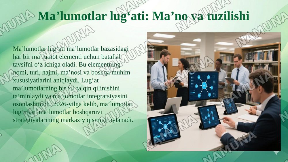 Maʼlumotlar bazasi.Maʼlumotlar lugʻati va boshqaruv axborot tizimlari. — 5-slayd