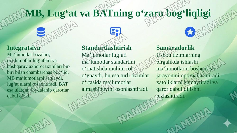 Maʼlumotlar bazasi.Maʼlumotlar lugʻati va boshqaruv axborot tizimlari. — 8-slayd