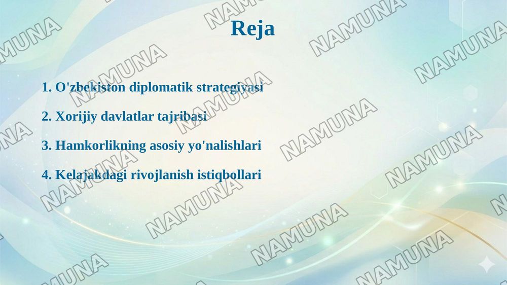 O'zbekiston Respublikasi va xorijiy davlatlar (AQSh, Xitoy, Germaniya, Buyuk Britaniya, Turkiya) diplomatik hizmati to'g'risida PPT taqdimot. — 2-slayd