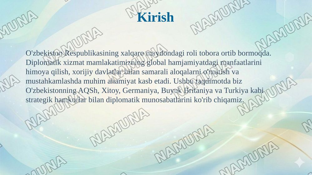 O'zbekiston Respublikasi va xorijiy davlatlar (AQSh, Xitoy, Germaniya, Buyuk Britaniya, Turkiya) diplomatik hizmati to'g'risida PPT taqdimot. — 3-slayd