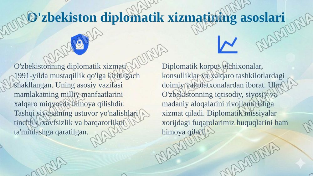 O'zbekiston Respublikasi va xorijiy davlatlar (AQSh, Xitoy, Germaniya, Buyuk Britaniya, Turkiya) diplomatik hizmati to'g'risida PPT taqdimot. — 4-slayd