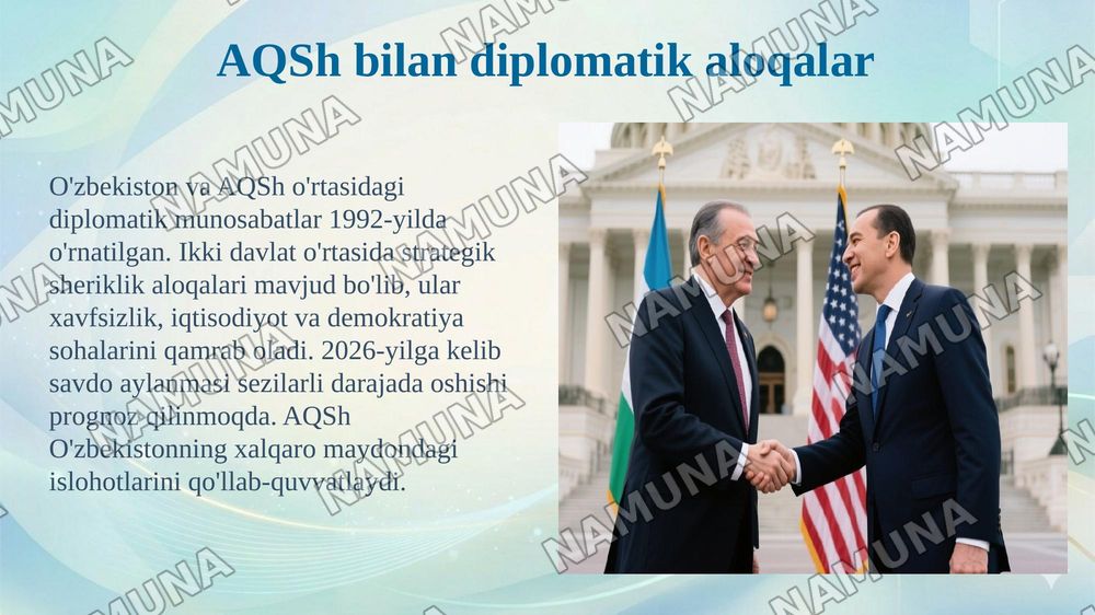 O'zbekiston Respublikasi va xorijiy davlatlar (AQSh, Xitoy, Germaniya, Buyuk Britaniya, Turkiya) diplomatik hizmati to'g'risida PPT taqdimot. — 5-slayd
