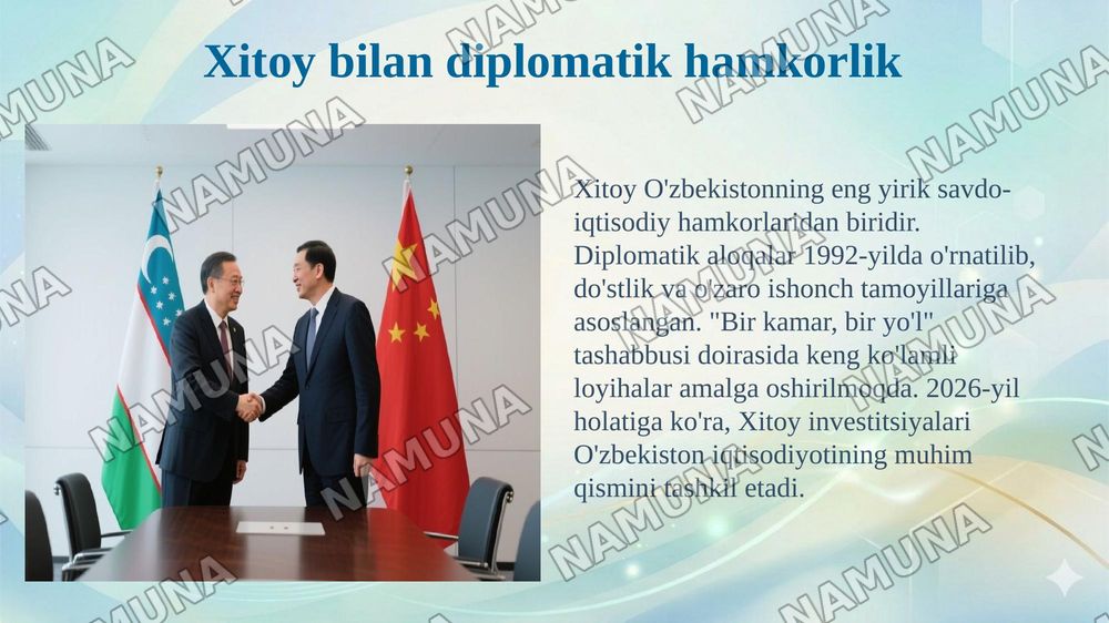 O'zbekiston Respublikasi va xorijiy davlatlar (AQSh, Xitoy, Germaniya, Buyuk Britaniya, Turkiya) diplomatik hizmati to'g'risida PPT taqdimot. — 6-slayd