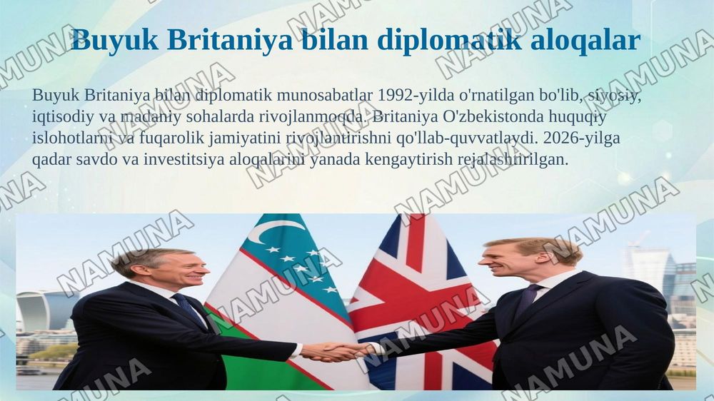 O'zbekiston Respublikasi va xorijiy davlatlar (AQSh, Xitoy, Germaniya, Buyuk Britaniya, Turkiya) diplomatik hizmati to'g'risida PPT taqdimot. — 8-slayd