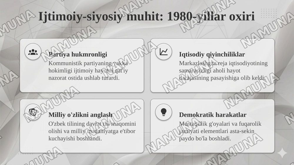 Mustaqillik ka erishish arafasida O'zbekistondagi ijtimoiy siyosiy jarayonlar — 4-slayd