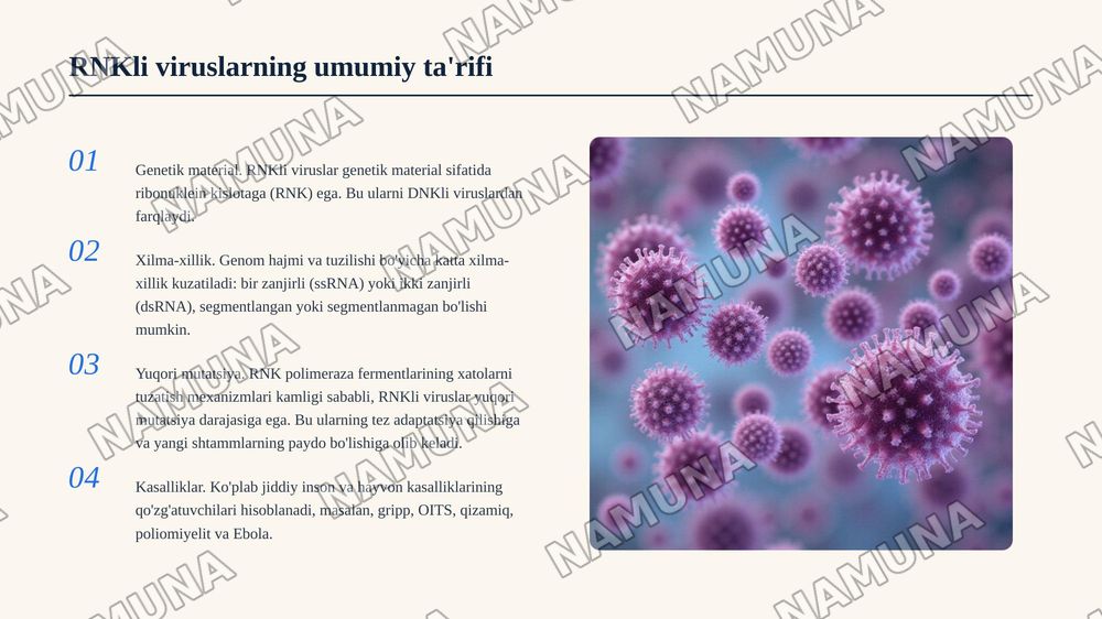 1. RNKli viruslar, ularning turlari va ebola virusi. — 3-slayd
