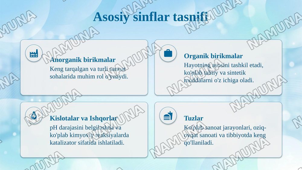Kimyoviy birikmalarning eng muhim sinflari. Olinishi, xossalari,
ishlatilishi. — 4-slayd