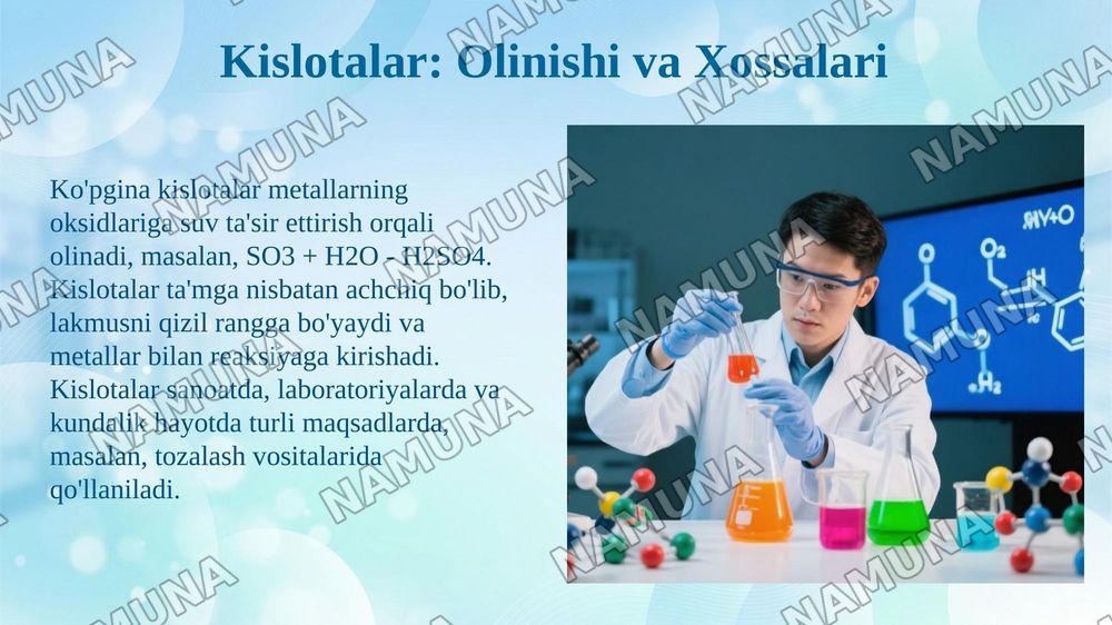 Kimyoviy birikmalarning eng muhim sinflari. Olinishi, xossalari,
ishlatilishi. — 7-slayd