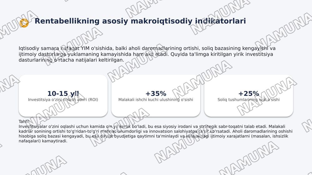 ​Ta'lim infratuzilmasiga kiritilgan investitsiyalarning uzoq muddatli makroiqtisodiy rentabelligi — 4-slayd