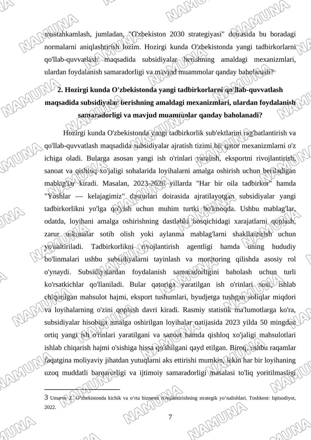 Ozbekiston 2030 strategyasi doyrasida yangi tadbirkorlar uchun sub sidyalar berishni takomillashtirish — 7-varaq
