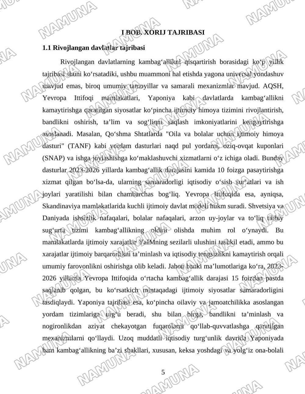 Xorijiy mamlakatlarning kambagʻallikni qisqartirish boʻyicha tajribalarini Oʻzbekistonda qoʻllash yoʻllari — 5-varaq