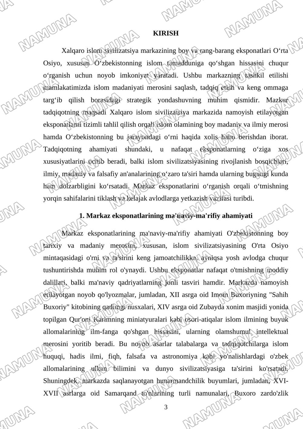 Xalqaro islom sivilizatsiya markazi eksponatlari tahlili — 3-varaq