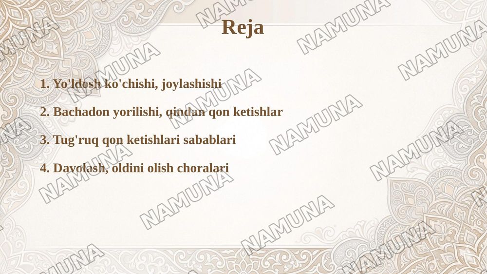 11-Mavzu. Normal joylashgan yo'ldoshning muddatidan oldin ko'chishi. Yo'ldoshning oldinda joylashishi.
Etiopatogenezi, tasnifi, klinikasi, tashxislash, davolash tamoyillari Tug'ruqda vaginal gon ketishlar: bachadon yorilishi. Tasnifi,etiologiya si va patogeneziklinikasi, tashxislash, davolash tamoyi — 2-slayd