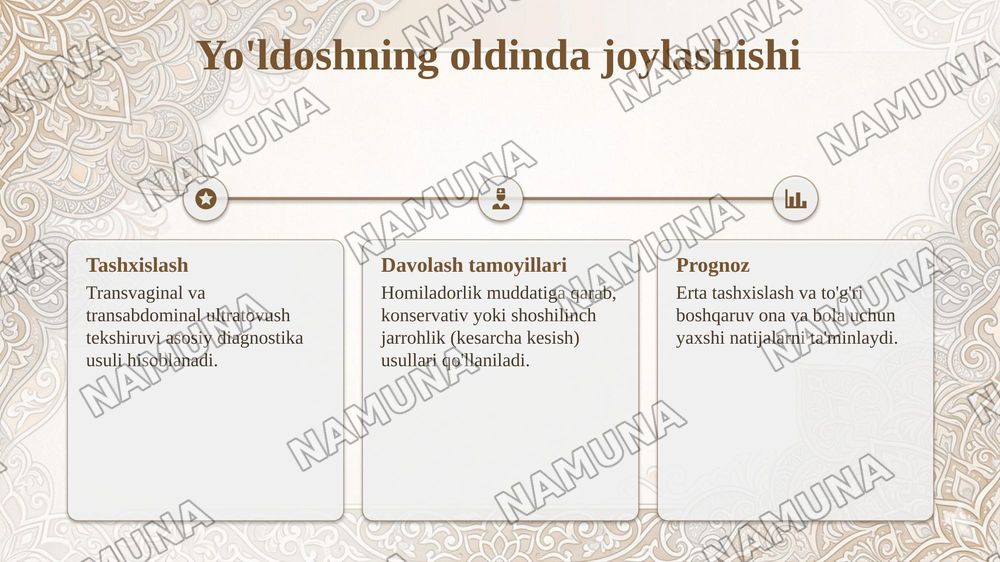 11-Mavzu. Normal joylashgan yo'ldoshning muddatidan oldin ko'chishi. Yo'ldoshning oldinda joylashishi.
Etiopatogenezi, tasnifi, klinikasi, tashxislash, davolash tamoyillari Tug'ruqda vaginal gon ketishlar: bachadon yorilishi. Tasnifi,etiologiya si va patogeneziklinikasi, tashxislash, davolash tamoyi — 5-slayd
