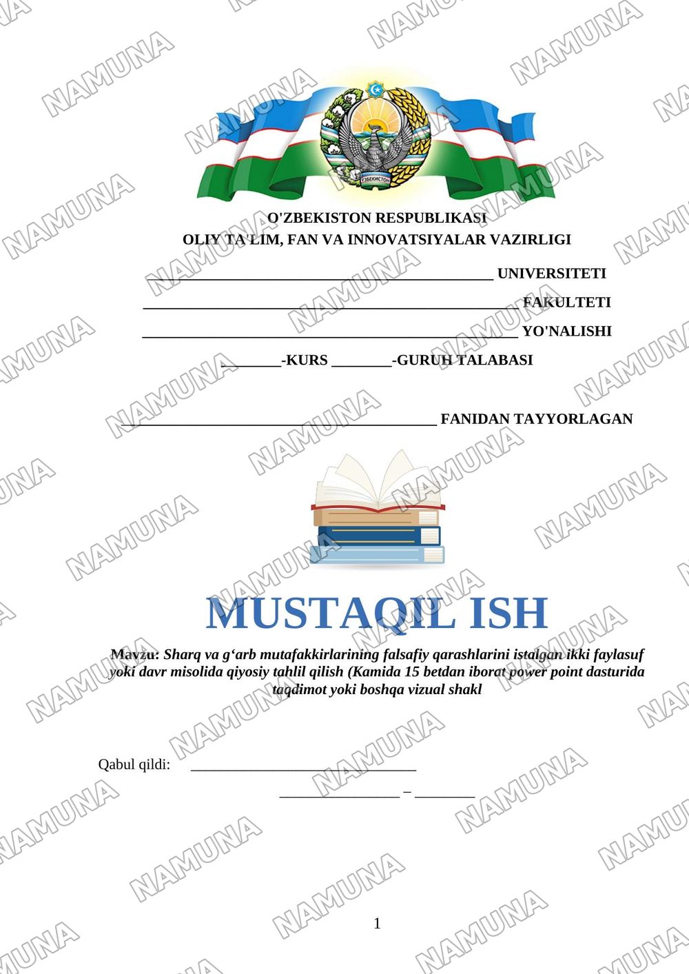 Sharq va gʻarb mutafakkirlarining falsafiy qarashlarini istalgan ikki faylasuf yoki davr misolida qiyosiy tahlil qilish (Kamida 15 betdan iborat power point dasturida taqdimot yoki boshqa vizual shakl — 1-varaq