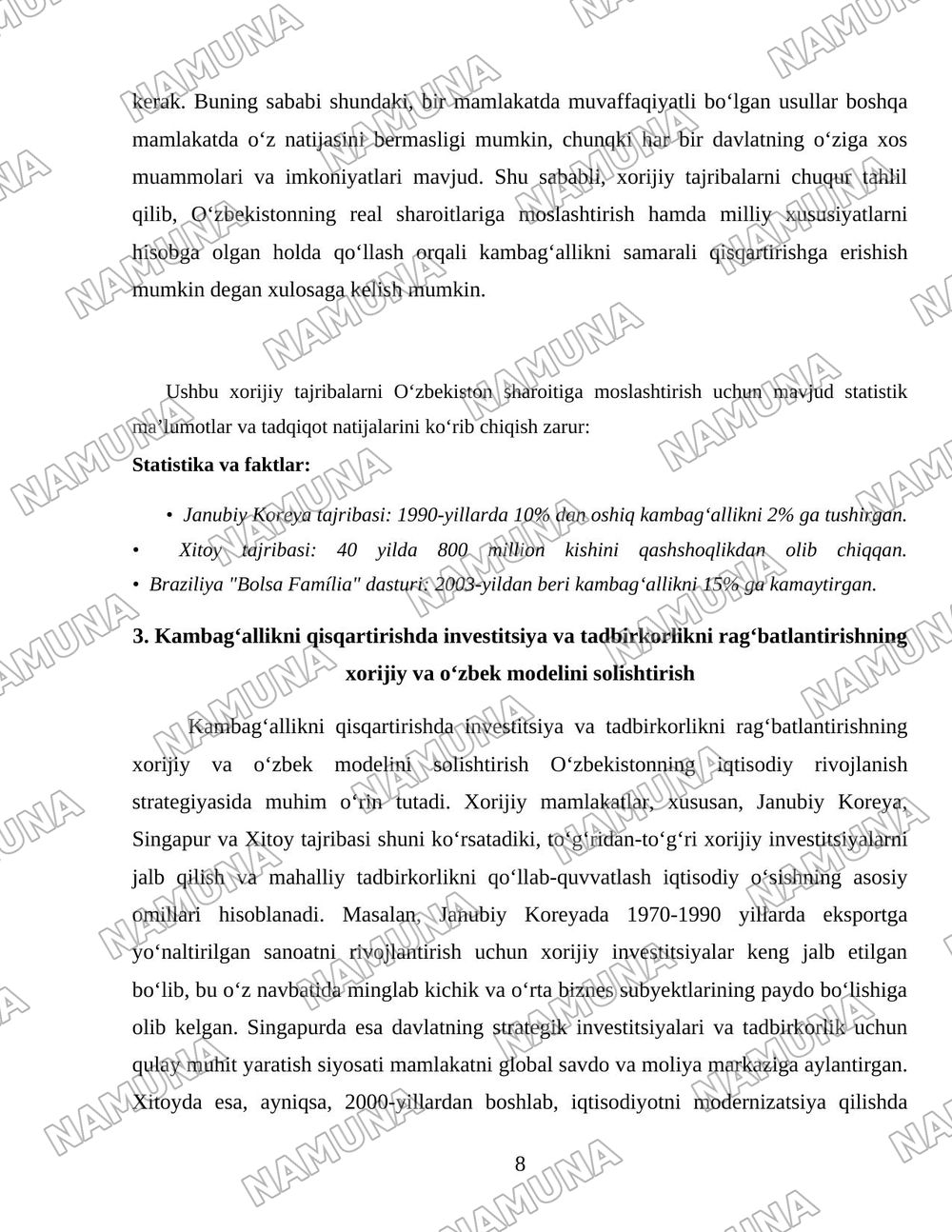 Xorijiy mamlakatlarning kambagʻallikni qisqartirish boʻyicha tajribalarini Oʻzbekistonda qoʻllash yoʻllari — 8-varaq